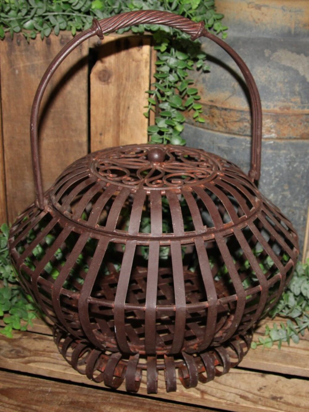 Large HEAVY Vintage Metal & Wrought Iron French Country Lidded Basket